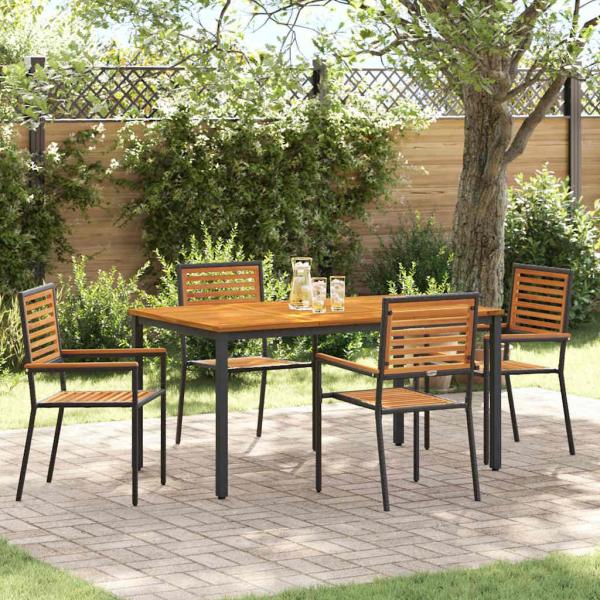 ARDEBO.de - 5-teiliges Garten-Ess-Set Schwarz Poly Rattan Akazie, Stapelbare Gartenstühle mit Kissen 2 Stück Schwarz Poly Rattan, Gartentisch 150x90x75 cm aus massiver Akazie und Metall