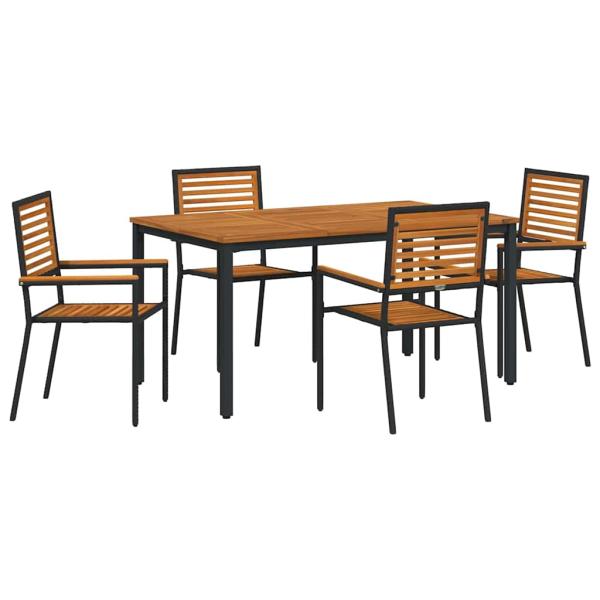 5-teiliges Garten-Ess-Set Schwarz Poly Rattan Akazie, Stapelbare Gartenstühle mit Kissen 2 Stück Schwarz Poly Rattan, Gartentisch 150x90x75 cm aus massiver Akazie und Metall