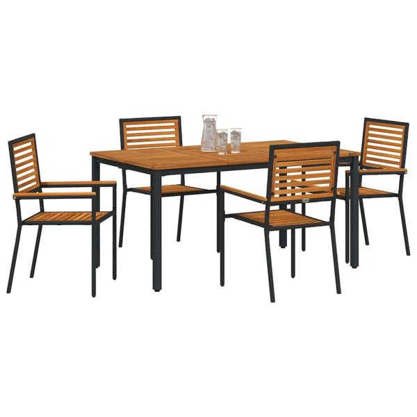 5-teiliges Garten-Ess-Set Schwarz Poly Rattan Akazie, Stapelbare Gartenstühle mit Kissen 2 Stück Schwarz Poly Rattan, Gartentisch 150x90x75 cm aus massiver Akazie und Metall