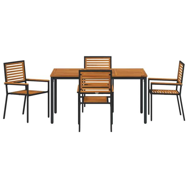5-teiliges Garten-Ess-Set Schwarz Poly Rattan Akazie, Stapelbare Gartenstühle mit Kissen 2 Stück Schwarz Poly Rattan, Gartentisch 150x90x75 cm aus massiver Akazie und Metall