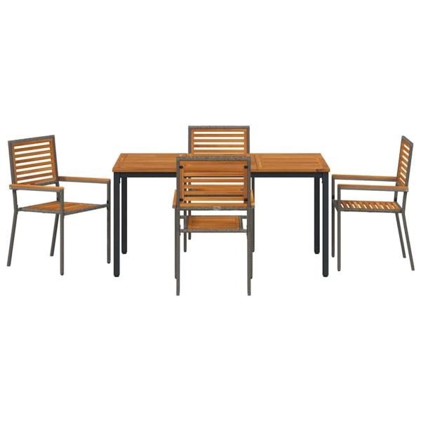 5-teiliges Garten Esszimmer Set Grau Poly Rattan Akazie, Stapelbare Gartenstühle mit Kissen 2 Stück Grau Poly Rattan, Gartentisch 150x90x75 cm Aus solidem Akazienholz und Metall