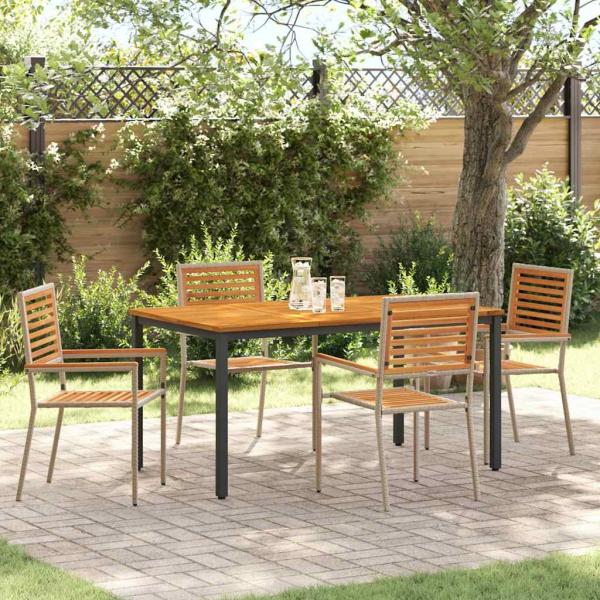 ARDEBO.de - 5-teiliges Garten-Essset Beige Poly Rattan Akazie, Stapelbare Gartenstühle mit Kissen - Set aus 2 in Beige Poly Rattan, Gartentisch 150x90x75 cm aus massivem Akazienholz und Metall