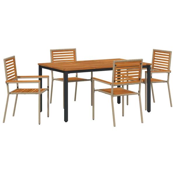 5-teiliges Garten-Essset Beige Poly Rattan Akazie, Stapelbare Gartenstühle mit Kissen - Set aus 2 in Beige Poly Rattan, Gartentisch 150x90x75 cm aus massivem Akazienholz und Metall