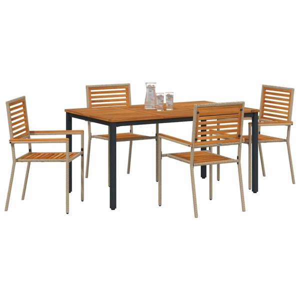 5-teiliges Garten-Essset Beige Poly Rattan Akazie, Stapelbare Gartenstühle mit Kissen - Set aus 2 in Beige Poly Rattan, Gartentisch 150x90x75 cm aus massivem Akazienholz und Metall