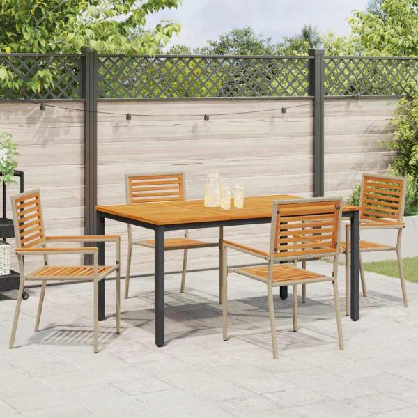 5-teiliges Garten-Essset Beige Poly Rattan Akazie, Stapelbare Gartenstühle mit Kissen - Set aus 2 in Beige Poly Rattan, Gartentisch 150x90x75 cm aus massivem Akazienholz und Metall