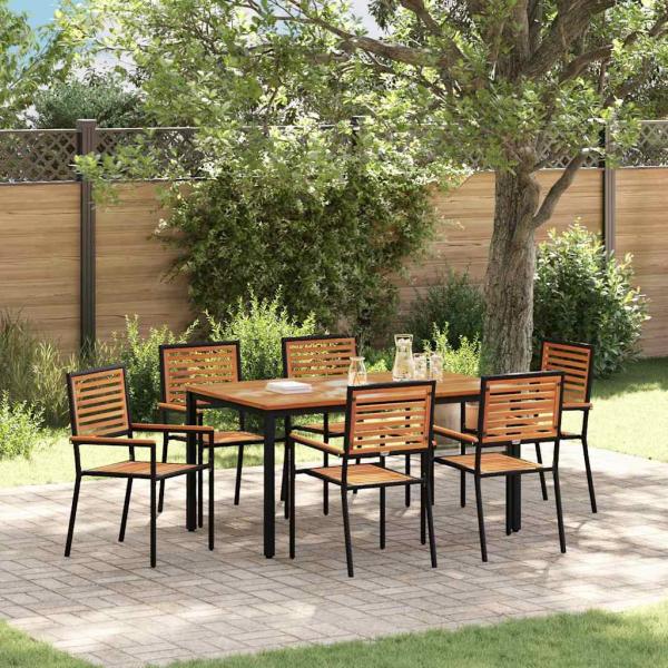 ARDEBO.de - 7-teiliges Garten Essset Schwarz Poly Rattan Akazie, Stapelbare Gartenstühle mit Kissen 2 Stück Schwarz Poly Rattan, Gartentisch 150x90x75 cm aus massivem Akazienholz und Metall