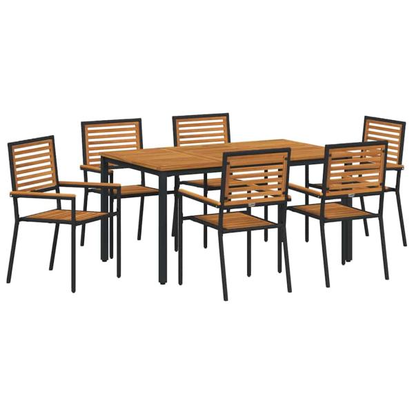 7-teiliges Garten Essset Schwarz Poly Rattan Akazie, Stapelbare Gartenstühle mit Kissen 2 Stück Schwarz Poly Rattan, Gartentisch 150x90x75 cm aus massivem Akazienholz und Metall