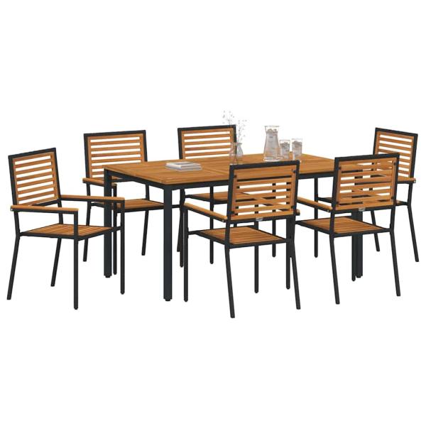 7-teiliges Garten Essset Schwarz Poly Rattan Akazie, Stapelbare Gartenstühle mit Kissen 2 Stück Schwarz Poly Rattan, Gartentisch 150x90x75 cm aus massivem Akazienholz und Metall