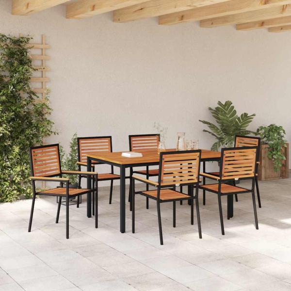 7-teiliges Garten Essset Schwarz Poly Rattan Akazie, Stapelbare Gartenstühle mit Kissen 2 Stück Schwarz Poly Rattan, Gartentisch 150x90x75 cm aus massivem Akazienholz und Metall