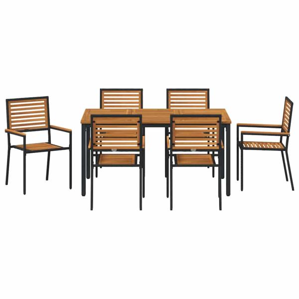 7-teiliges Garten Essset Schwarz Poly Rattan Akazie, Stapelbare Gartenstühle mit Kissen 2 Stück Schwarz Poly Rattan, Gartentisch 150x90x75 cm aus massivem Akazienholz und Metall