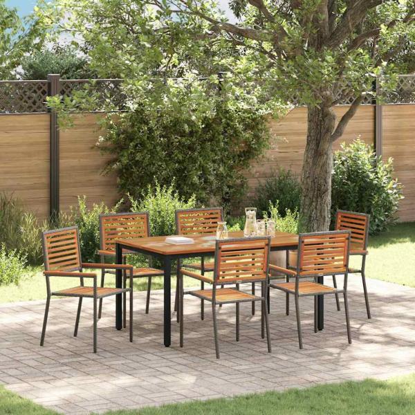 ARDEBO.de - 7-teiliges Garten Essgruppen Set Grau Polyrattan Akazie, Stapelbare Gartenstühle mit Kissen 2 Stück Grau Polyrattan, Gartentisch 150x90x75 cm aus massivem Akazienholz und Metall