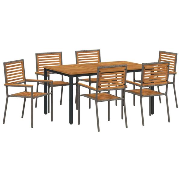7-teiliges Garten Essgruppen Set Grau Polyrattan Akazie, Stapelbare Gartenstühle mit Kissen 2 Stück Grau Polyrattan, Gartentisch 150x90x75 cm aus massivem Akazienholz und Metall