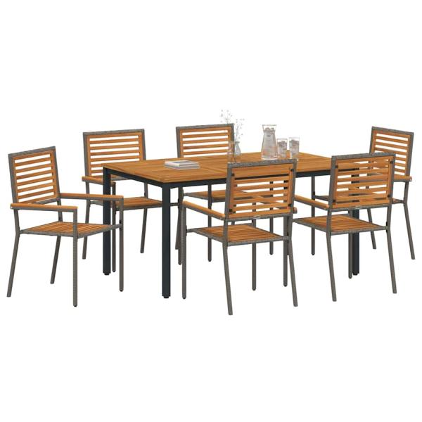7-teiliges Garten Essgruppen Set Grau Polyrattan Akazie, Stapelbare Gartenstühle mit Kissen 2 Stück Grau Polyrattan, Gartentisch 150x90x75 cm aus massivem Akazienholz und Metall