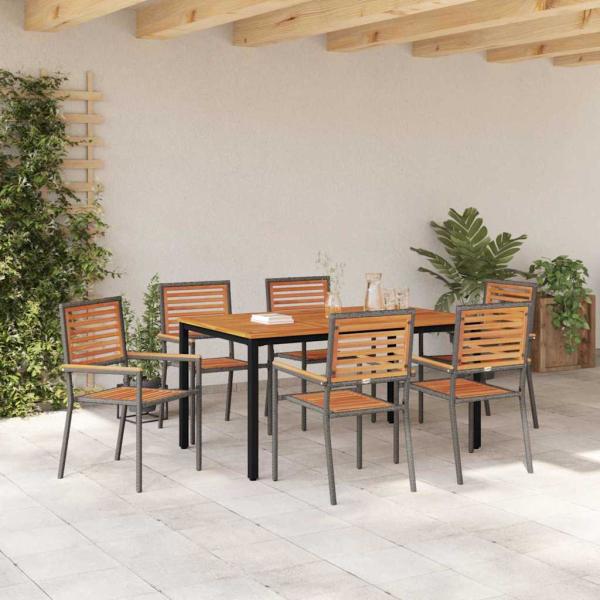 7-teiliges Garten Essgruppen Set Grau Polyrattan Akazie, Stapelbare Gartenstühle mit Kissen 2 Stück Grau Polyrattan, Gartentisch 150x90x75 cm aus massivem Akazienholz und Metall