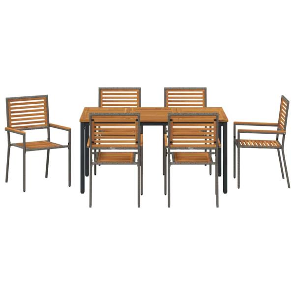 7-teiliges Garten Essgruppen Set Grau Polyrattan Akazie, Stapelbare Gartenstühle mit Kissen 2 Stück Grau Polyrattan, Gartentisch 150x90x75 cm aus massivem Akazienholz und Metall