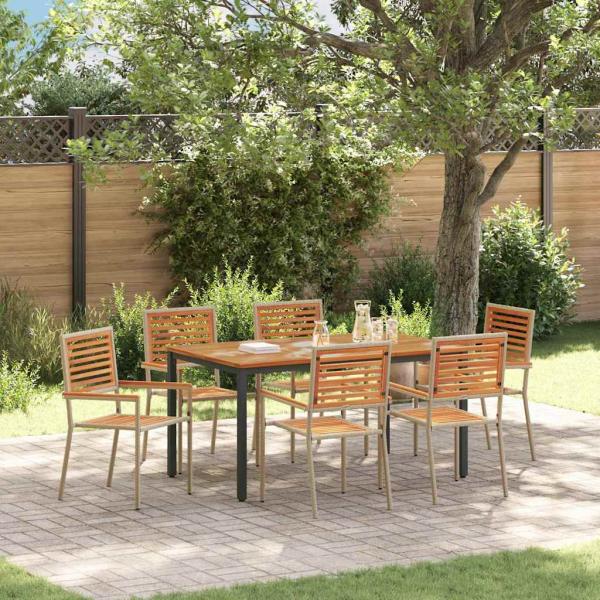 ARDEBO.de - 7-teiliges Garten Essset Beige Poly Rattan Akazie, stapelbare Sessel mit Kissen - Set von 2 in Beige Poly Rattan, Gartentisch 150x90x75 cm aus massivem Akazienholz und Metall