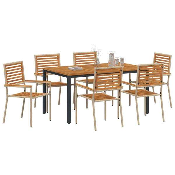 7-teiliges Garten Essset Beige Poly Rattan Akazie, stapelbare Sessel mit Kissen - Set von 2 in Beige Poly Rattan, Gartentisch 150x90x75 cm aus massivem Akazienholz und Metall