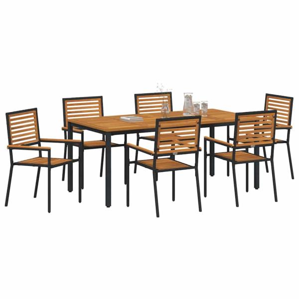 7-teiliges Garten Esszimmer Set Schwarz Poly Rattan Akazie, Stapelbare Gartenstühle mit Kissen 2 Stück Schwarz Poly Rattan, Gartentisch 180x90x75 cm Aus massivem Akazienholz und Metall