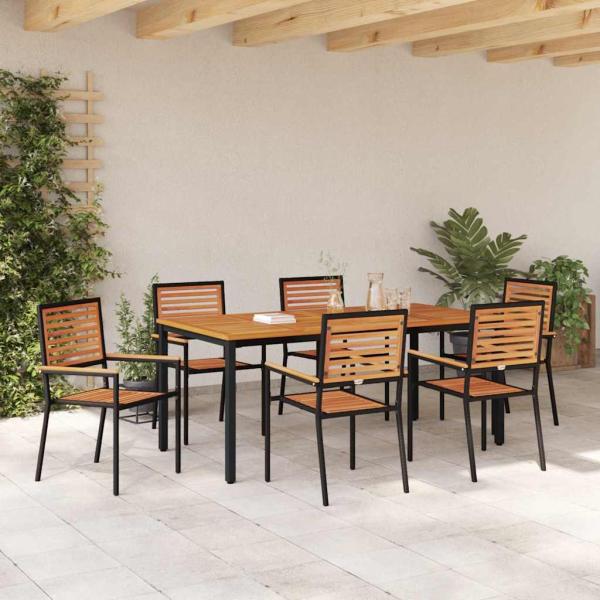 7-teiliges Garten Esszimmer Set Schwarz Poly Rattan Akazie, Stapelbare Gartenstühle mit Kissen 2 Stück Schwarz Poly Rattan, Gartentisch 180x90x75 cm Aus massivem Akazienholz und Metall