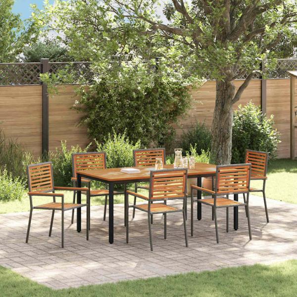 ARDEBO.de - 7-teilige Garten-Essgruppe Grau Poly-Rattan Akazie, Stapelbare Gartenstühle mit Kissen 2 Stk Grau Poly-Rattan, Gartentisch 180x90x75 cm aus massiver Akazie und Metall