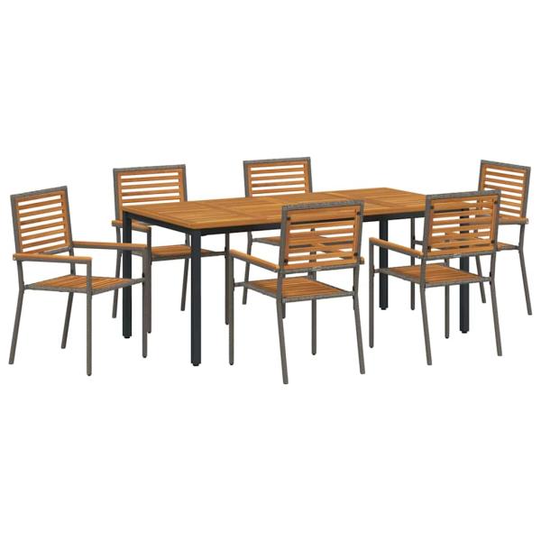 7-teilige Garten-Essgruppe Grau Poly-Rattan Akazie, Stapelbare Gartenstühle mit Kissen 2 Stk Grau Poly-Rattan, Gartentisch 180x90x75 cm aus massiver Akazie und Metall