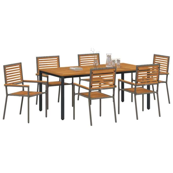 7-teilige Garten-Essgruppe Grau Poly-Rattan Akazie, Stapelbare Gartenstühle mit Kissen 2 Stk Grau Poly-Rattan, Gartentisch 180x90x75 cm aus massiver Akazie und Metall