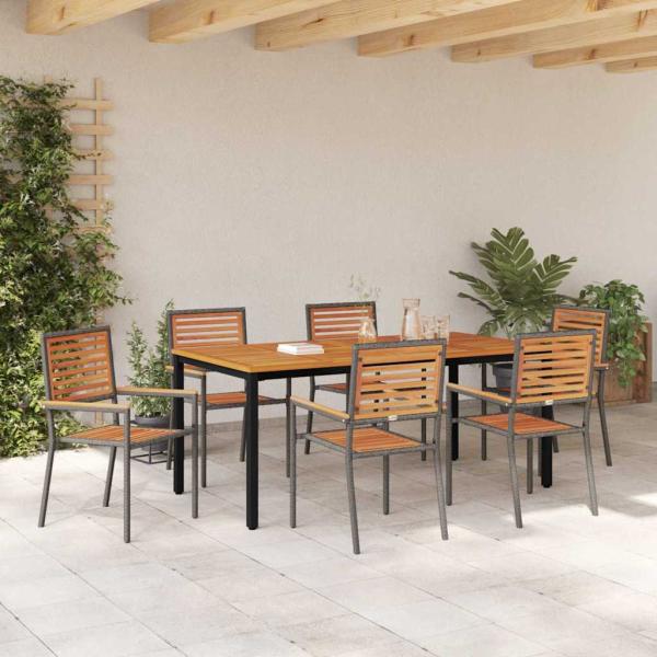 7-teilige Garten-Essgruppe Grau Poly-Rattan Akazie, Stapelbare Gartenstühle mit Kissen 2 Stk Grau Poly-Rattan, Gartentisch 180x90x75 cm aus massiver Akazie und Metall