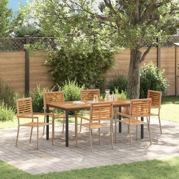 ARDEBO.de - 7-teilige Garten Essgruppe Beige Poly Rattan Akazie, Stapelbare Gartenstühle mit Kissen - Set von 2 in Beige Poly Rattan, Gartentisch 180x90x75 cm Massiv Akazienholz und Metall
