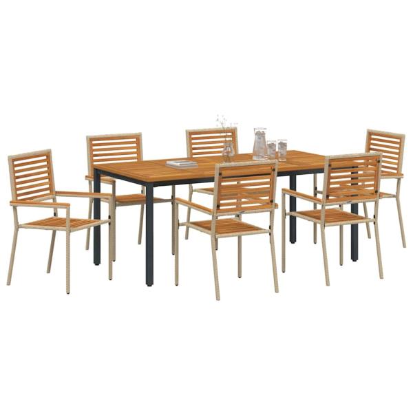 7-teilige Garten Essgruppe Beige Poly Rattan Akazie, Stapelbare Gartenstühle mit Kissen - Set von 2 in Beige Poly Rattan, Gartentisch 180x90x75 cm Massiv Akazienholz und Metall