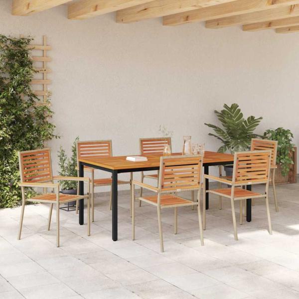 7-teilige Garten Essgruppe Beige Poly Rattan Akazie, Stapelbare Gartenstühle mit Kissen - Set von 2 in Beige Poly Rattan, Gartentisch 180x90x75 cm Massiv Akazienholz und Metall