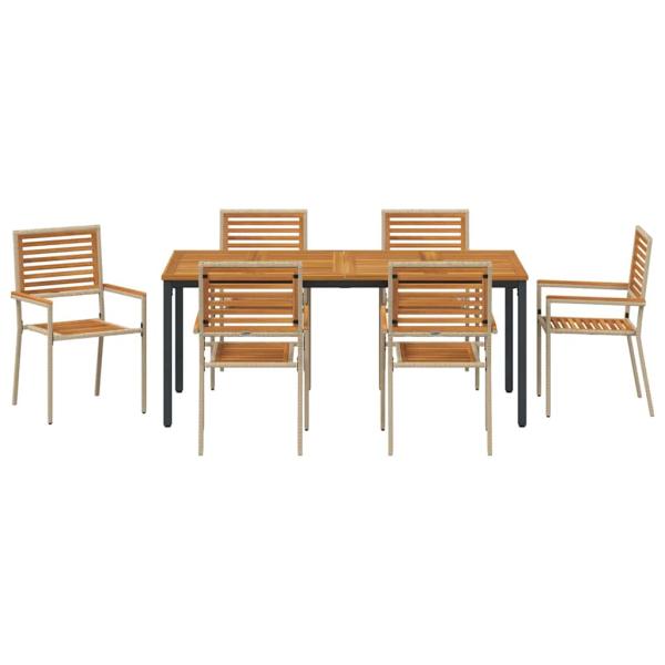 7-teilige Garten Essgruppe Beige Poly Rattan Akazie, Stapelbare Gartenstühle mit Kissen - Set von 2 in Beige Poly Rattan, Gartentisch 180x90x75 cm Massiv Akazienholz und Metall
