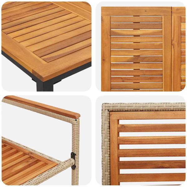 7-teilige Garten Essgruppe Beige Poly Rattan Akazie, Stapelbare Gartenstühle mit Kissen - Set von 2 in Beige Poly Rattan, Gartentisch 180x90x75 cm Massiv Akazienholz und Metall