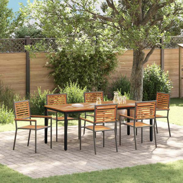 ARDEBO.de - 7-teiliges Garten Esszimmer Set Grau Poly Rattan Akazie, Stapelbare Gartenstühle mit Kissen 2 Stück Grau Poly Rattan, Gartentisch 200x90x75 cm aus massivem Akazienholz und Metall