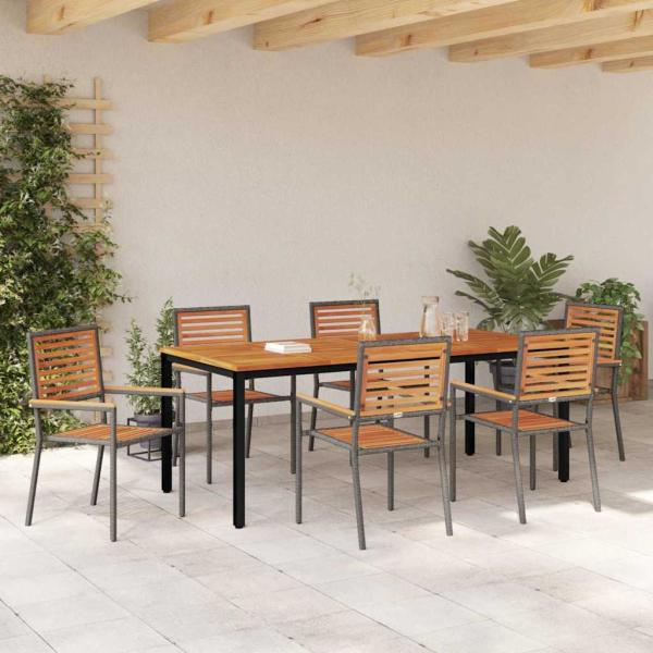 7-teiliges Garten Esszimmer Set Grau Poly Rattan Akazie, Stapelbare Gartenstühle mit Kissen 2 Stück Grau Poly Rattan, Gartentisch 200x90x75 cm aus massivem Akazienholz und Metall