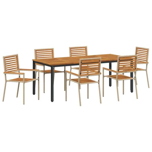 7-teiliges Garten Esszimmer Set Beige Poly Rattan Akazie, Stapelbare Gartenstühle mit Kissen - Set von 2 in Beige Poly Rattan, Gartentisch 200x90x75 cm aus massivem Akazienholz und Metall