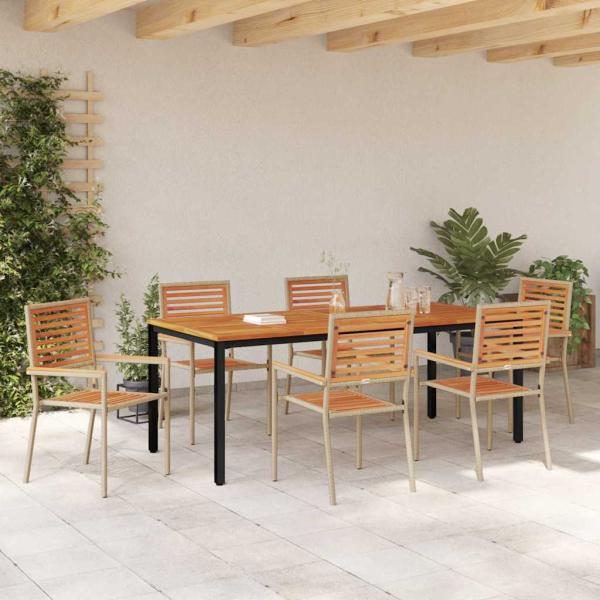 7-teiliges Garten Esszimmer Set Beige Poly Rattan Akazie, Stapelbare Gartenstühle mit Kissen - Set von 2 in Beige Poly Rattan, Gartentisch 200x90x75 cm aus massivem Akazienholz und Metall