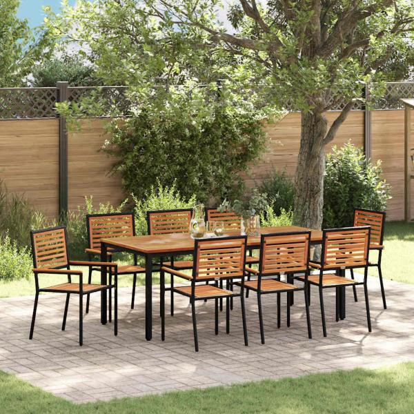 ARDEBO.de - 9-teiliges Garten Essset Schwarz Poly Rattan Akazie, stapelbare Gartenstühle mit Kissen 2 Stück Schwarz Poly Rattan, Gartentisch 200x90x75 cm aus massivem Akazienholz und Metall