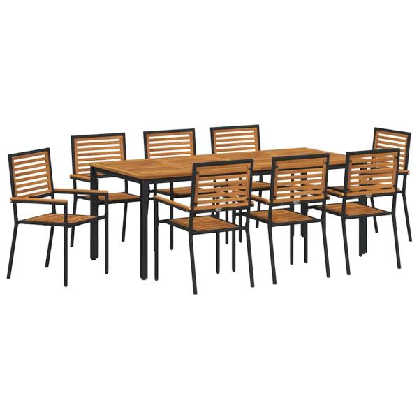 9-teiliges Garten Essset Schwarz Poly Rattan Akazie, stapelbare Gartenstühle mit Kissen 2 Stück Schwarz Poly Rattan, Gartentisch 200x90x75 cm aus massivem Akazienholz und Metall