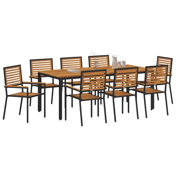 9-teiliges Garten Essset Schwarz Poly Rattan Akazie, stapelbare Gartenstühle mit Kissen 2 Stück Schwarz Poly Rattan, Gartentisch 200x90x75 cm aus massivem Akazienholz und Metall