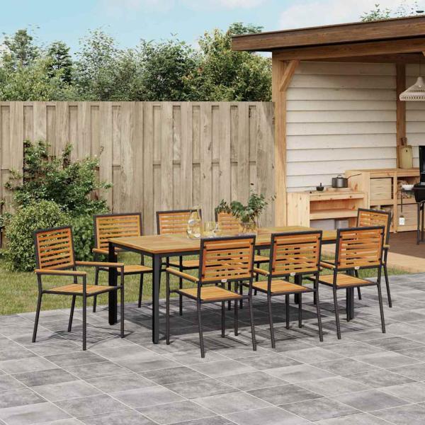 9-teiliges Garten Essset Schwarz Poly Rattan Akazie, stapelbare Gartenstühle mit Kissen 2 Stück Schwarz Poly Rattan, Gartentisch 200x90x75 cm aus massivem Akazienholz und Metall