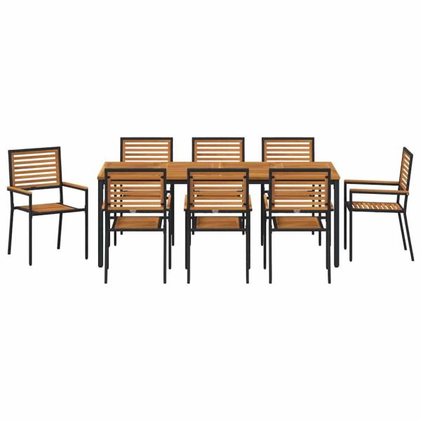 9-teiliges Garten Essset Schwarz Poly Rattan Akazie, stapelbare Gartenstühle mit Kissen 2 Stück Schwarz Poly Rattan, Gartentisch 200x90x75 cm aus massivem Akazienholz und Metall