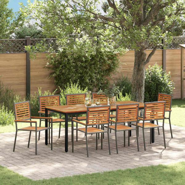 ARDEBO.de - 9-teiliges Garten-Essgruppe Grau Poly Rattan Akazie, Stapelbare Gartenstühle mit Kissen 2 Stück Grau Poly Rattan, Gartentisch 200x90x75 cm aus massivem Akazienholz und Metall