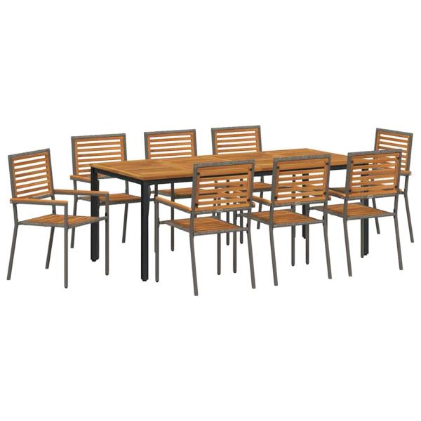 9-teiliges Garten-Essgruppe Grau Poly Rattan Akazie, Stapelbare Gartenstühle mit Kissen 2 Stück Grau Poly Rattan, Gartentisch 200x90x75 cm aus massivem Akazienholz und Metall