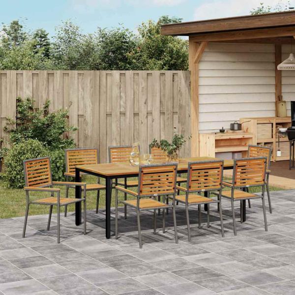 9-teiliges Garten-Essgruppe Grau Poly Rattan Akazie, Stapelbare Gartenstühle mit Kissen 2 Stück Grau Poly Rattan, Gartentisch 200x90x75 cm aus massivem Akazienholz und Metall