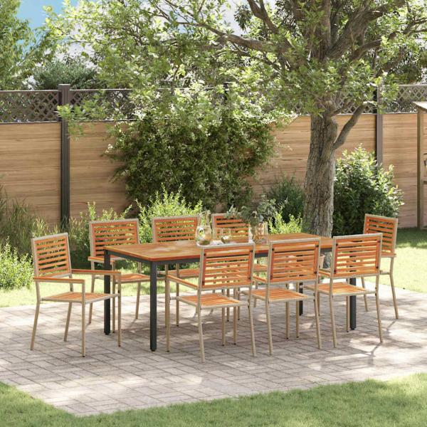 ARDEBO.de - 9-teiliges Garten Essset Beige Poly-Rattan Akazie, Stapelbare Gartenstühle mit Kissen - Set von 2 in Beige Poly-Rattan, Gartentisch 200x90x75 cm aus massivem Akazienholz und Metall