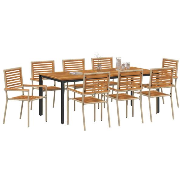 9-teiliges Garten Essset Beige Poly-Rattan Akazie, Stapelbare Gartenstühle mit Kissen - Set von 2 in Beige Poly-Rattan, Gartentisch 200x90x75 cm aus massivem Akazienholz und Metall