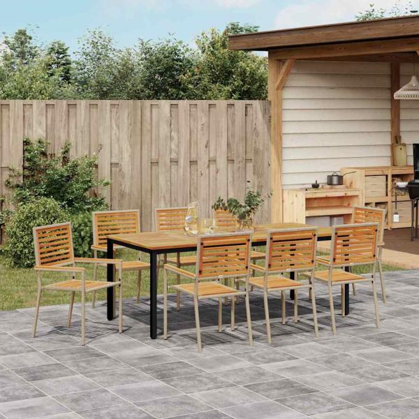 9-teiliges Garten Essset Beige Poly-Rattan Akazie, Stapelbare Gartenstühle mit Kissen - Set von 2 in Beige Poly-Rattan, Gartentisch 200x90x75 cm aus massivem Akazienholz und Metall