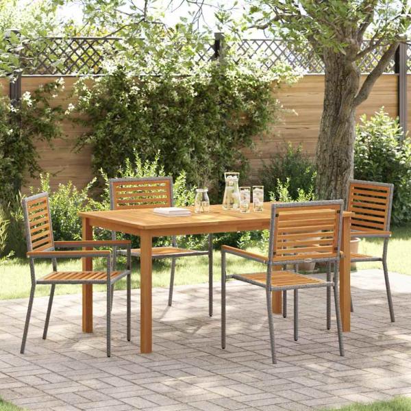 ARDEBO.de - 5-teiliges Garten Essset Grau Poly Rattan Akazie, Stapelbare Gartenstühle mit Kissen 2 Stück Grau Poly Rattan