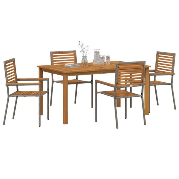5-teiliges Garten Essset Grau Poly Rattan Akazie, Stapelbare Gartenstühle mit Kissen 2 Stück Grau Poly Rattan