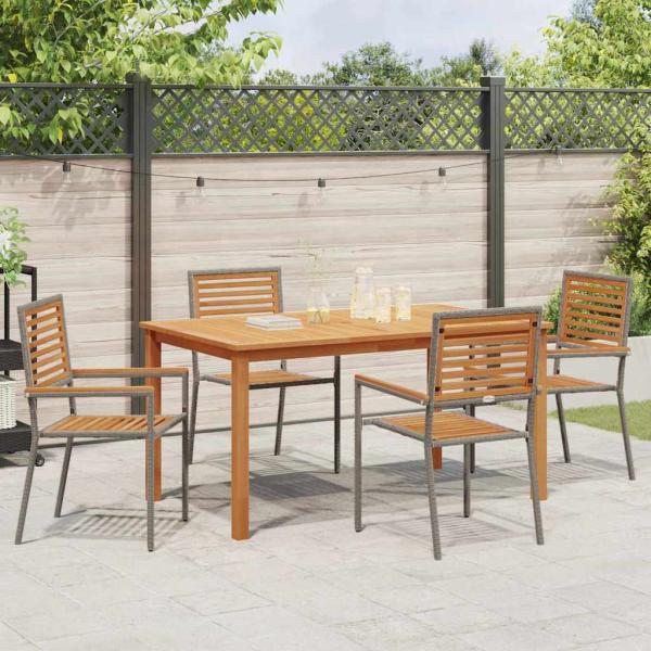 5-teiliges Garten Essset Grau Poly Rattan Akazie, Stapelbare Gartenstühle mit Kissen 2 Stück Grau Poly Rattan